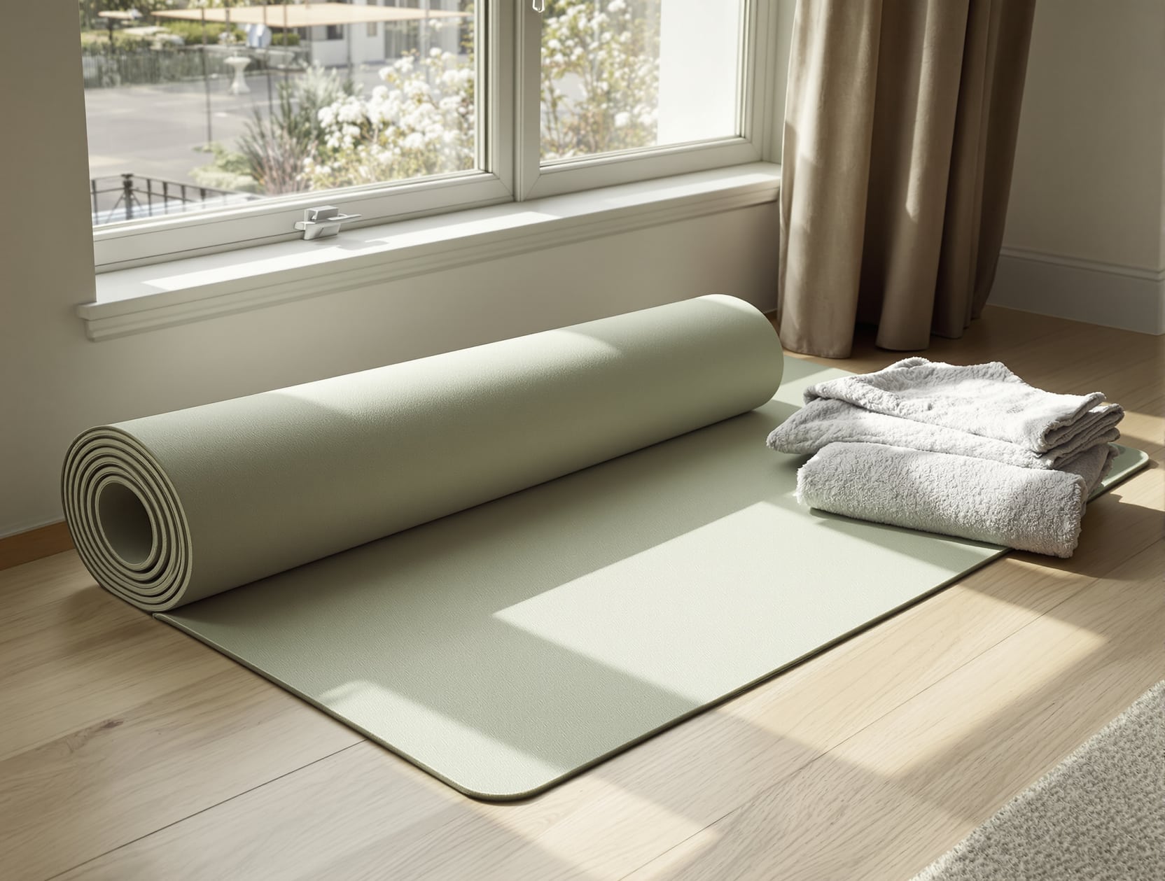 Still life on a pale oak floor by a tall window in soft morning light: a rolled sage-green foam mat, a firm square linen