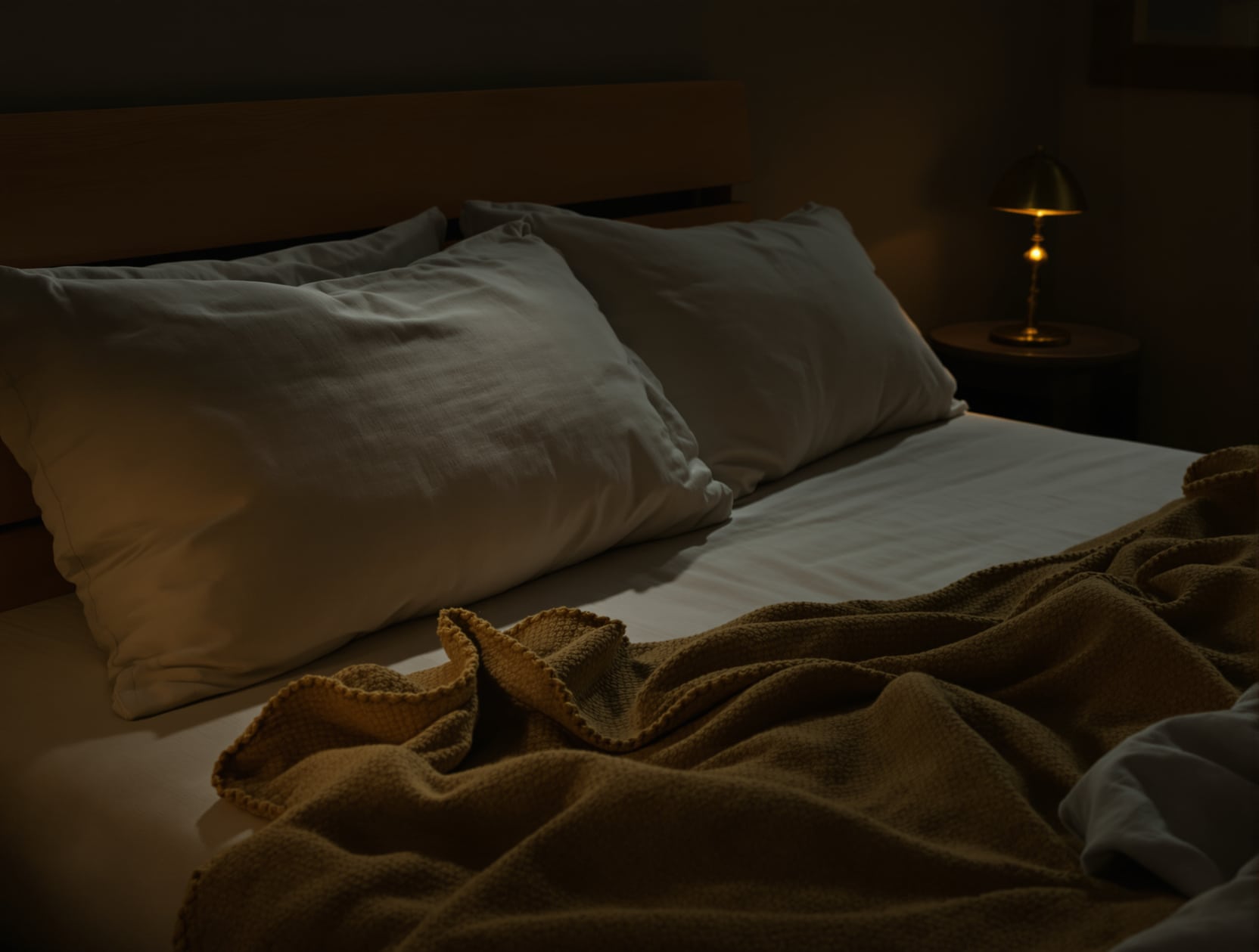 Still life of a softly lit bedroom at night: two rumpled linen pillows and a folded olive wool throw on a low wooden bed