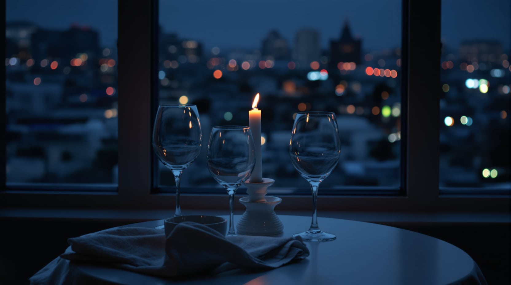 Wide still life of a small kitchen table at dusk by a window: two empty wine glasses, a candle burning low in a ceramic 